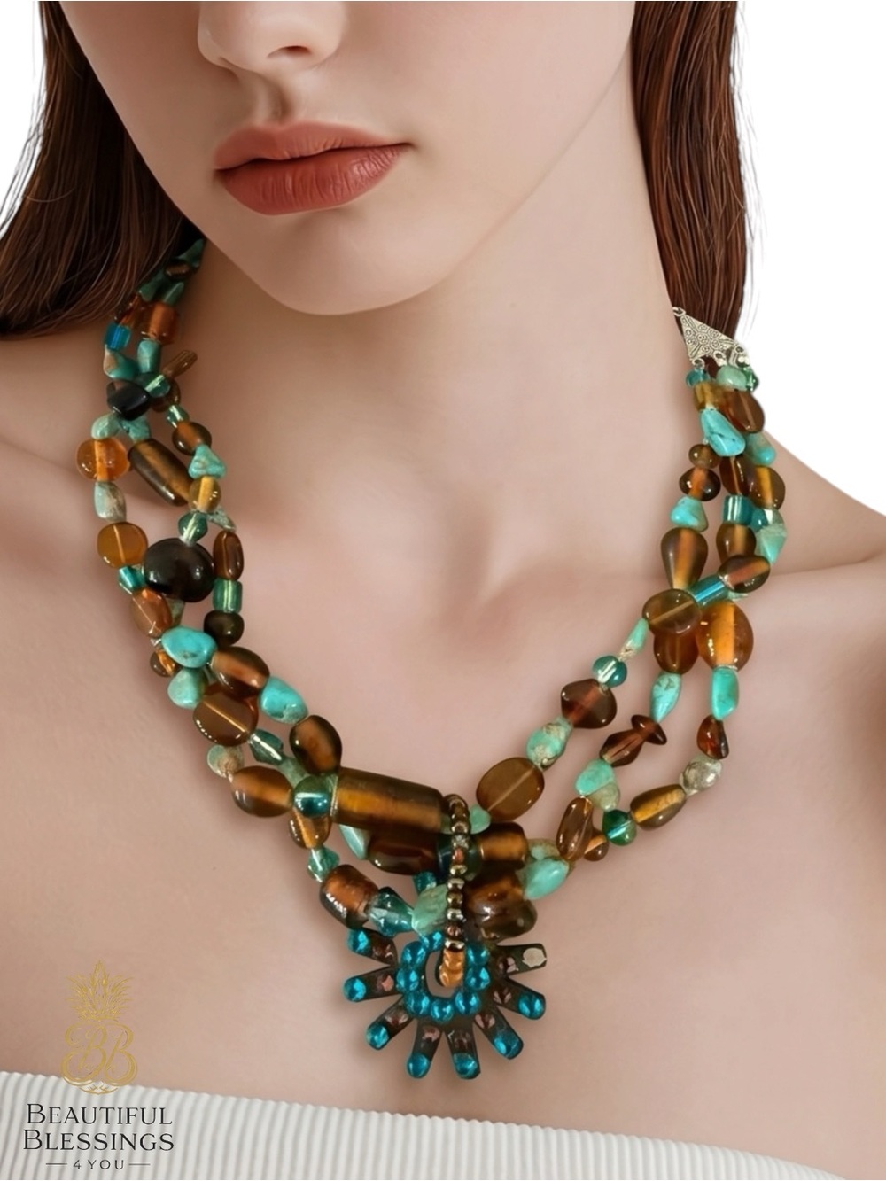 Boho Layered Statement Necklace Turquoise Beaded Southwestern Spur Rhinestone